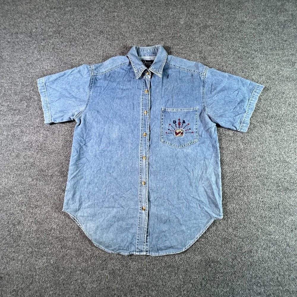 Vintage Quizz Again Blue Denim Shirt Womens Small USA Embroidered Button Front